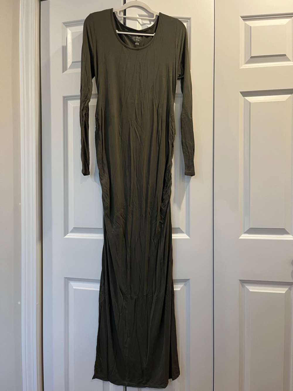 Isabel Maternity Long Sleeve Olive Green Maxi Dress w/ rouched and side slits